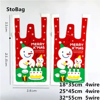 stobag 50pcs merry christmas snowman plastic shopping bag party diy handmade snack with handle food bags reusable grocery
