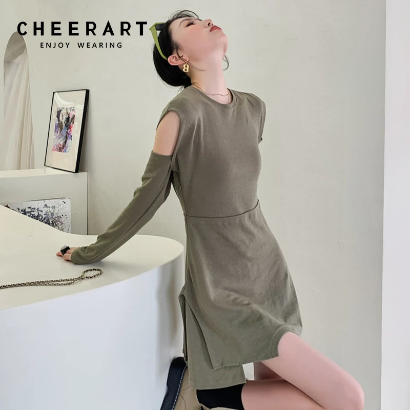 

CHEERART зеленые платья с длинным рукавом для женщин, осень 2021, модное дизайнерское мини-платье-трапеция с разрезом, осеннее платье-футболка