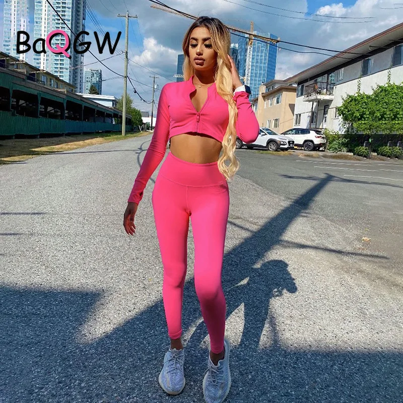 

BaQGW Sporty Fitness Casual Women Pink Two Piece Sets Long Sleeve Workout Active Wear Bodycon Zipper Top and Leggings Tracksuits