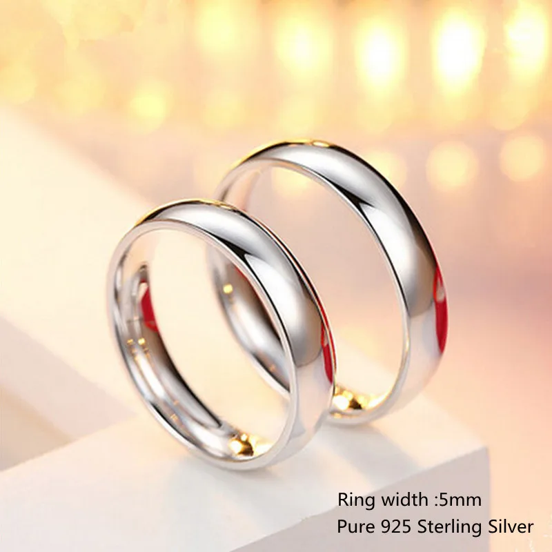 

925 Sterling Silver Female Male Classic Ring 5mm Width White Light Smooth Simple Wedding Jewelry Ring Finger for Women Men
