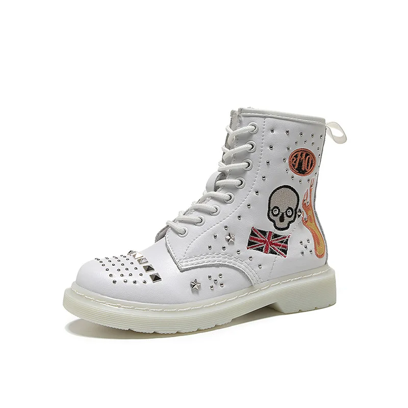 Autumn Winter Skull Rivet Women Ankle Boots White Genuine Leather Woman Round Toe Lace Up Shoes Motorcycle Female Footwear | Обувь