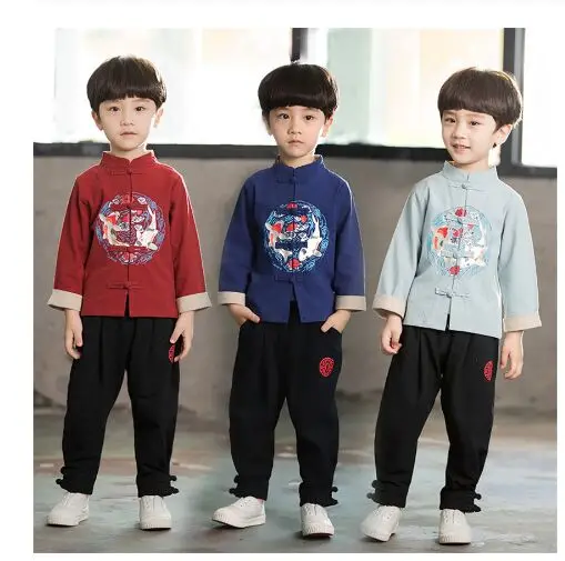 Детский Китайский традиционный костюм Тан комплект одежды из 2 предметов для