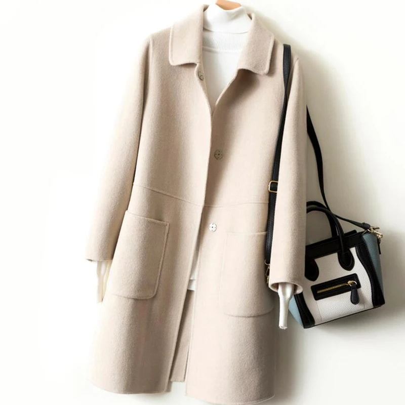 Женское двустороннее кашемировое пальто приталенная Длинная шерстяная куртка в