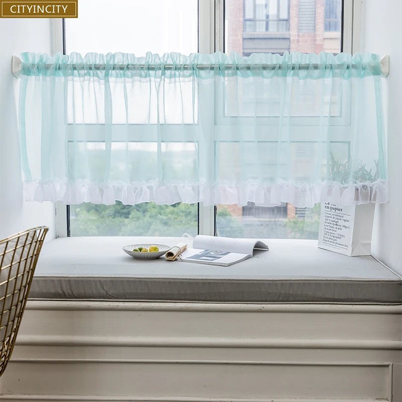 Кружевная занавеска cityity для кухни сине-зеленая полупрозрачная фатиновая