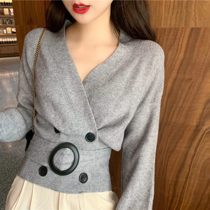 V-образный вырез на пуговицах с поясом V шеи свитер v-образный Для женщин Кардиганы