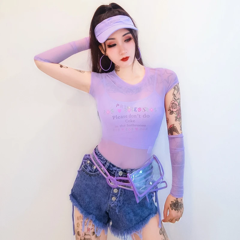 Джазовый танец костюмы фиолетового цвета с буквенным принтом боди для ночных