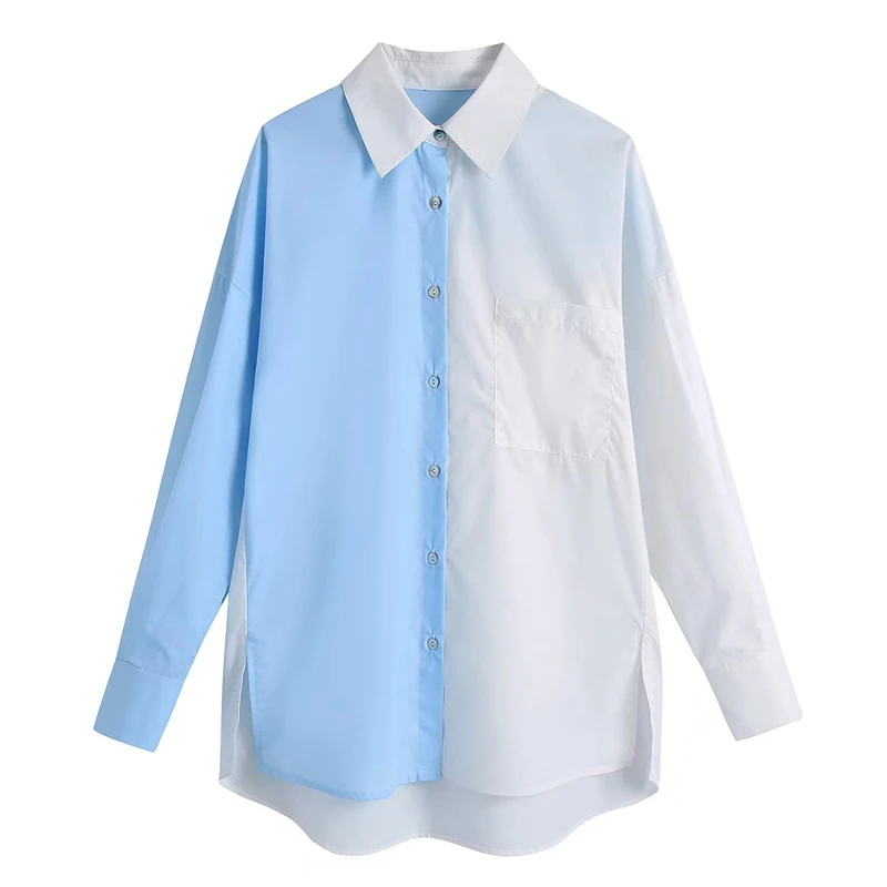 

LD Helly 2022 Fashion Women Patchwork Pockets Blouse Loose Casual Turn-down Collar Long Sleeve Female Shirts Mujer Blusas