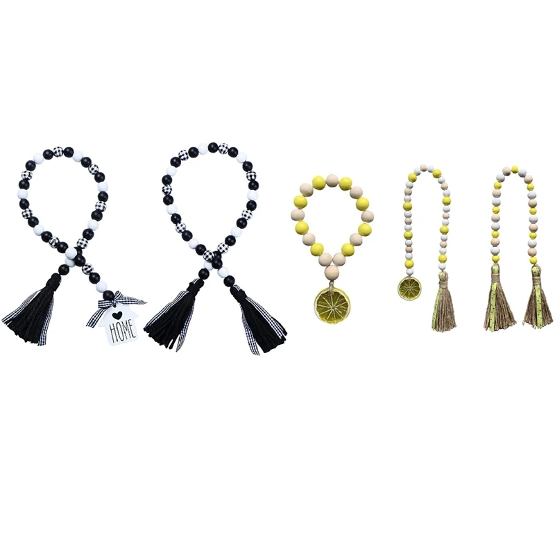 

2Pcs Black & White Plaid Wood Bead Garland & 3 Pcs Lemon Wood Bead Garland,Farmhouse Rustic Bead With Tassel