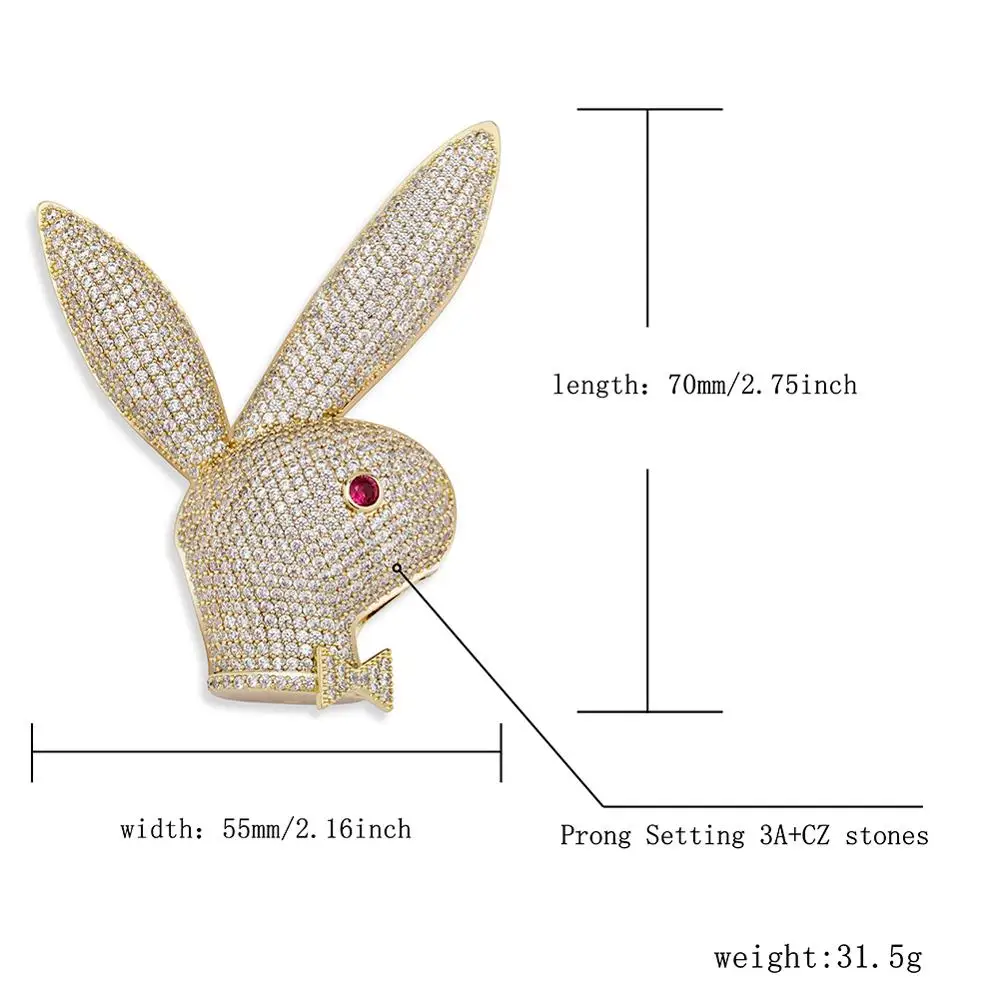 

ALLICEONYOU Hip Hop Long Ear Rabbit Head Pendant Necklace High Quality Iced Out Cubic Zirconia Copper Material Jewelry For Gift