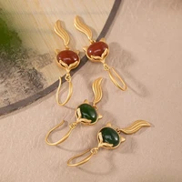 original s925 sterling silver gilding hetian jade gray jade southern red agate personality fox fairy temperament womens earring