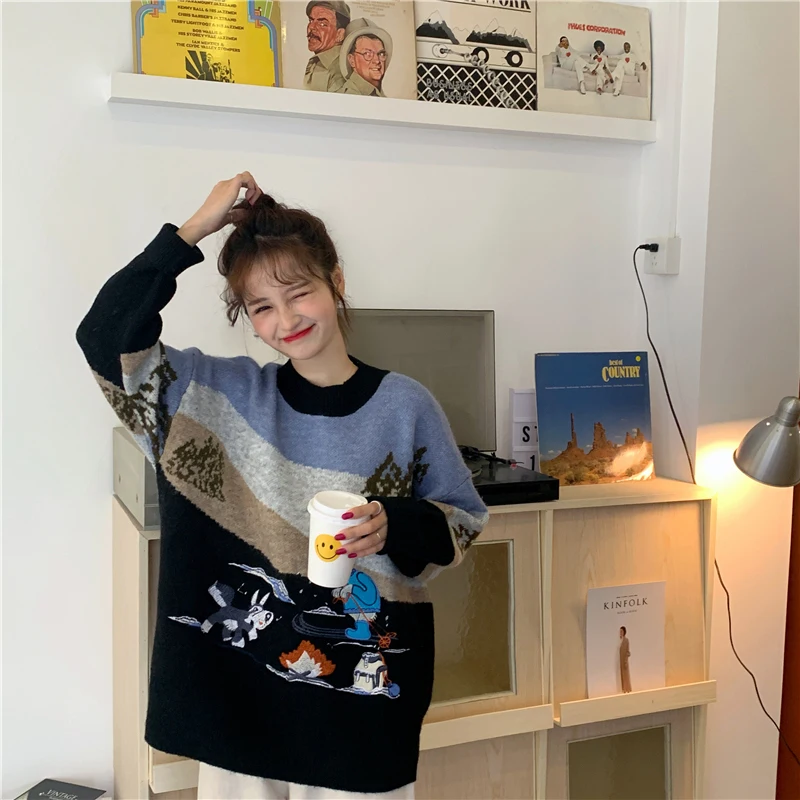 

Pullovers Sweater Women 2020 New Kawaii O-neck Embroidery Retro Daily Casual Female Outwear Korean Pattern Long Sleeve W098