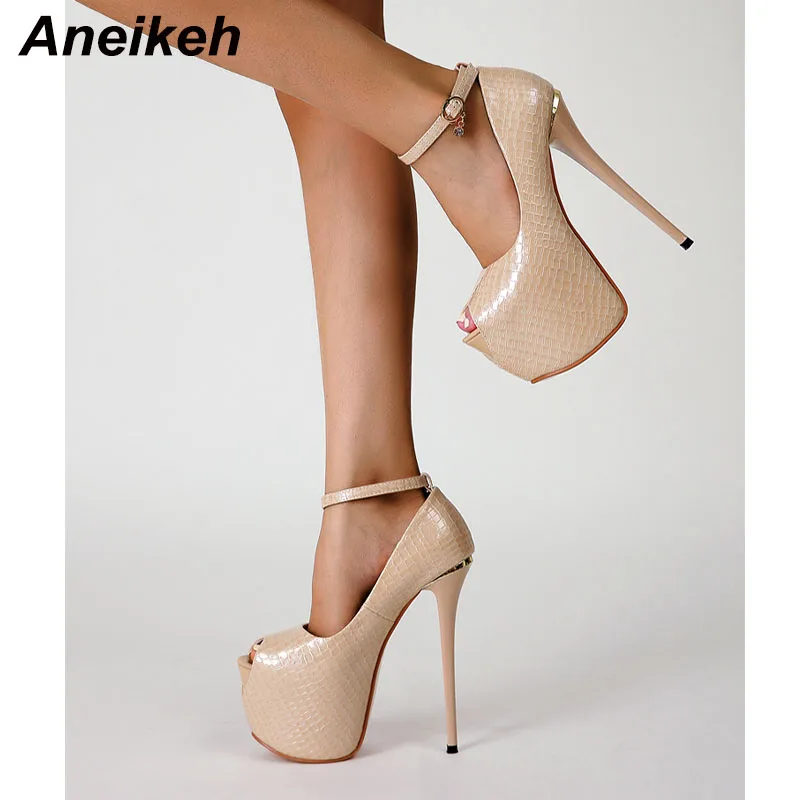 

Aneikeh Peep Toe Platform Shoes For Women Summer Sexy Glossy Texture High Heel Pumps Goddess Crystal Buckle Strap Sandals Mujer
