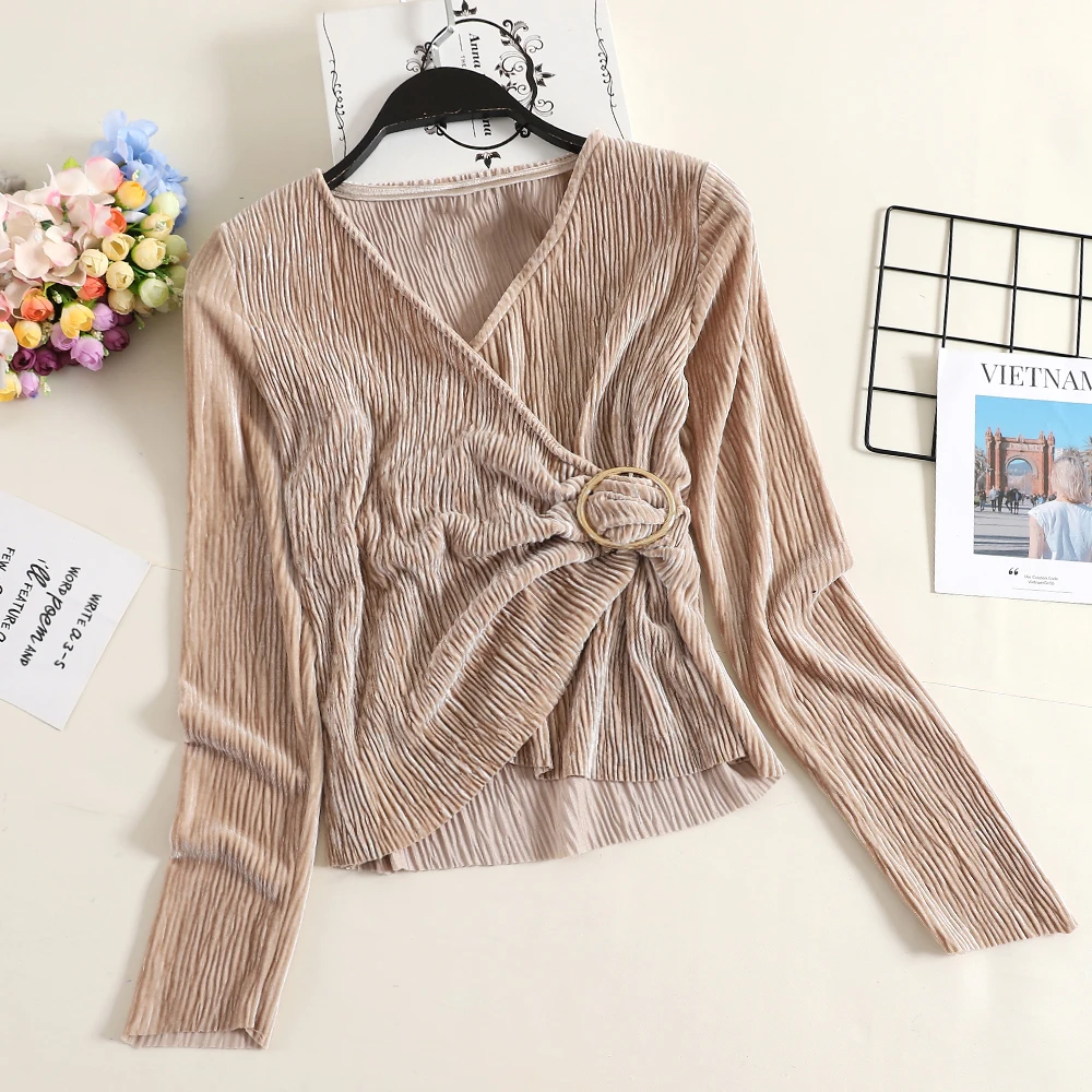 MUMUZI бархатный топ 2019 Новая Осенняя модная женская блузка с длинным рукавом