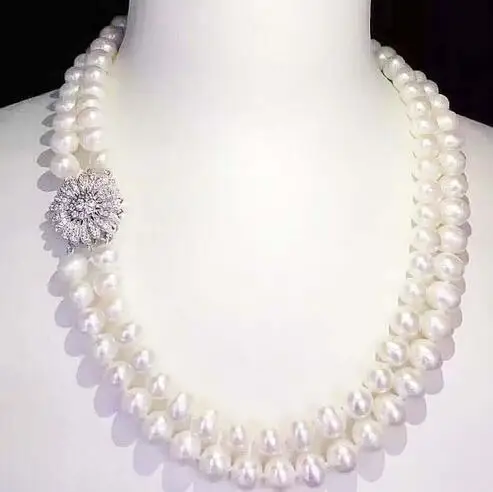 Бесплатная доставка ювелирное изделие 2 нити 9-10 мм белый жемчуг CZ кулон ожерелье