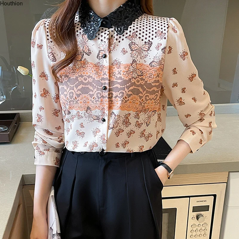 

Женская шифоновая блузка-поло с длинным рукавом и принтом