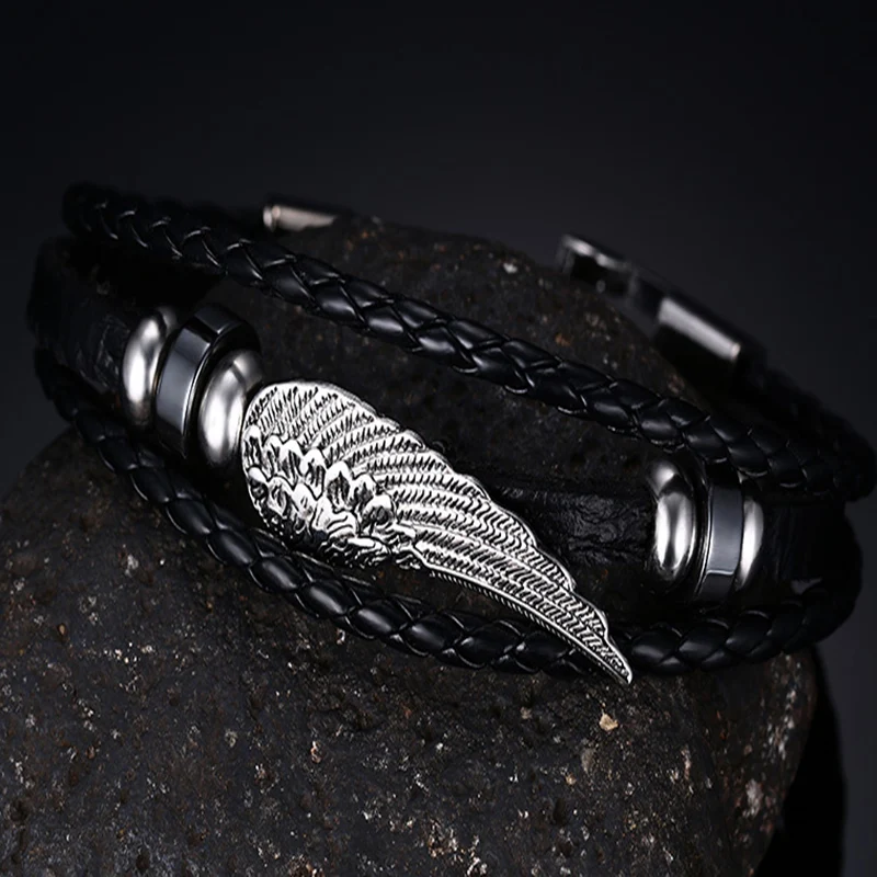 Korean Version Of Stainless Steel Accessories Multi-layer Braided Leather Angel Wings Bracelet Fashion Small Jewelry For Men | Украшения и