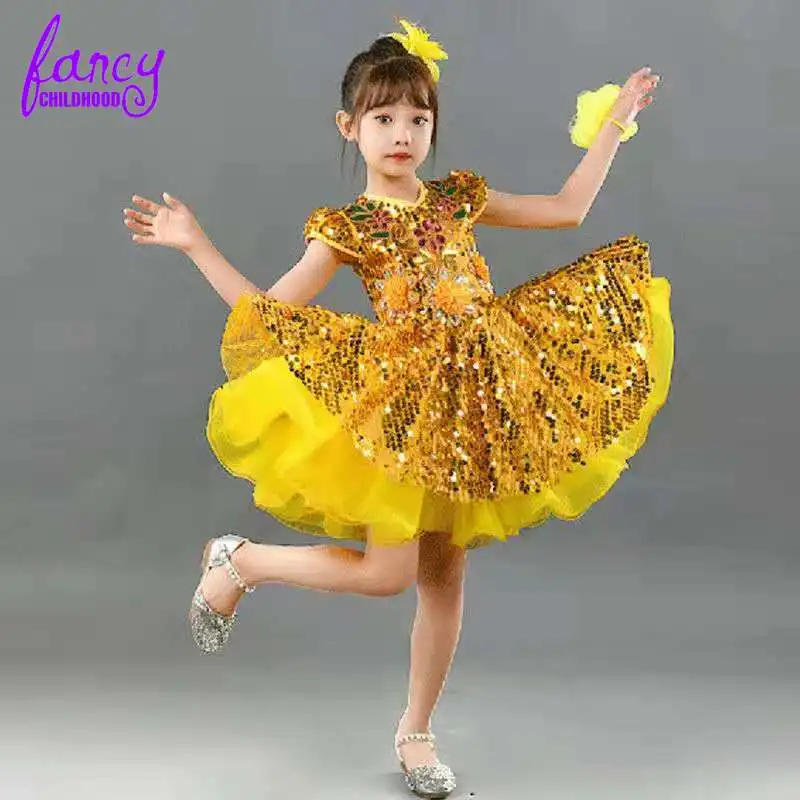 

Child Girl Gown Ruffle Beautiful Sparkle Kids Birthday Party Wear Dress Gold Sequin Glitz Pageant Dresses for Girls