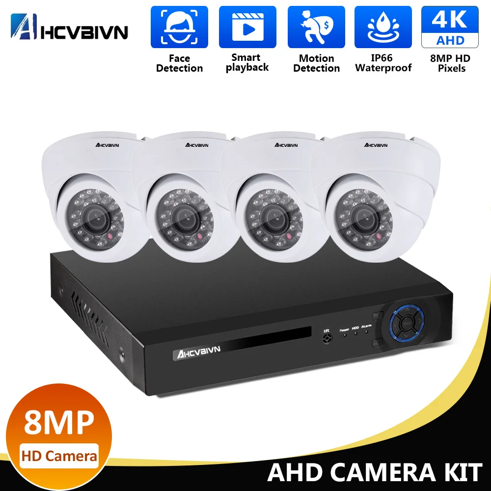 

AHCVBIVN 4CH 4K 6 in 1 Security Cameras System 1pcs 4K Ultra HD DVR + 4pcs 8MP Dome Camera Video Record Surveillance System Set