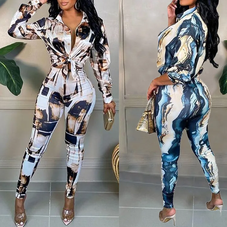 

2021 Autumn and Winter Printed Lapel Jumpsuit Women New Fashion Long Sleeve Slim Fit Two-piece Set
