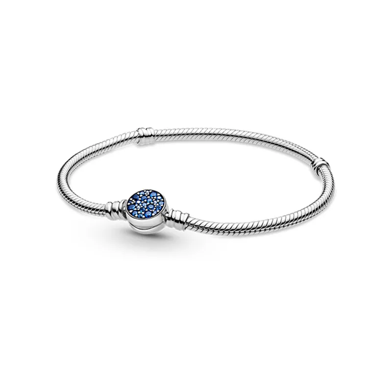

925 Sterling Silver Moments Sparkling Blue Disc Clasp Snake Chain Bracelets Fit Charm Beads DIY Bangles Valentine's Gift Jewelry