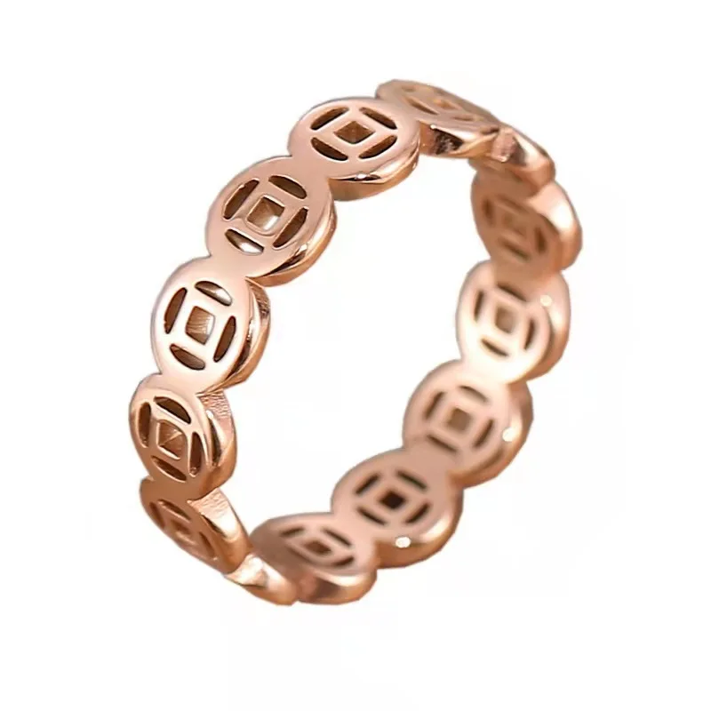 

European and American Creative Titanium Steel Hollow Copper Coin Ring Stainless Rose Gold Gold-plated Lucky Ring for Women