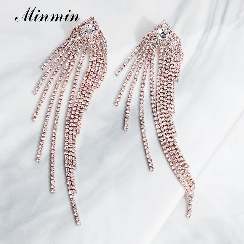 Minmin Rosegold сверкающая Длинная кисточка из горного хрусталя Свадебные висячие серьги Роскошные Крупные, свадебные серьги-подвески ювелирные изделия Модные женские аксессуары для костюмированной вечеринки женские MEH1647