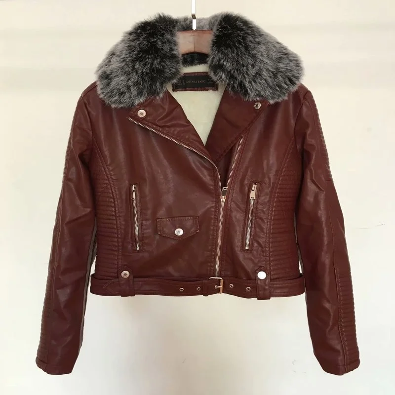 

Coat women's autumn and winter women's dress slim fit fur collar PU leather short leather women's jacket
