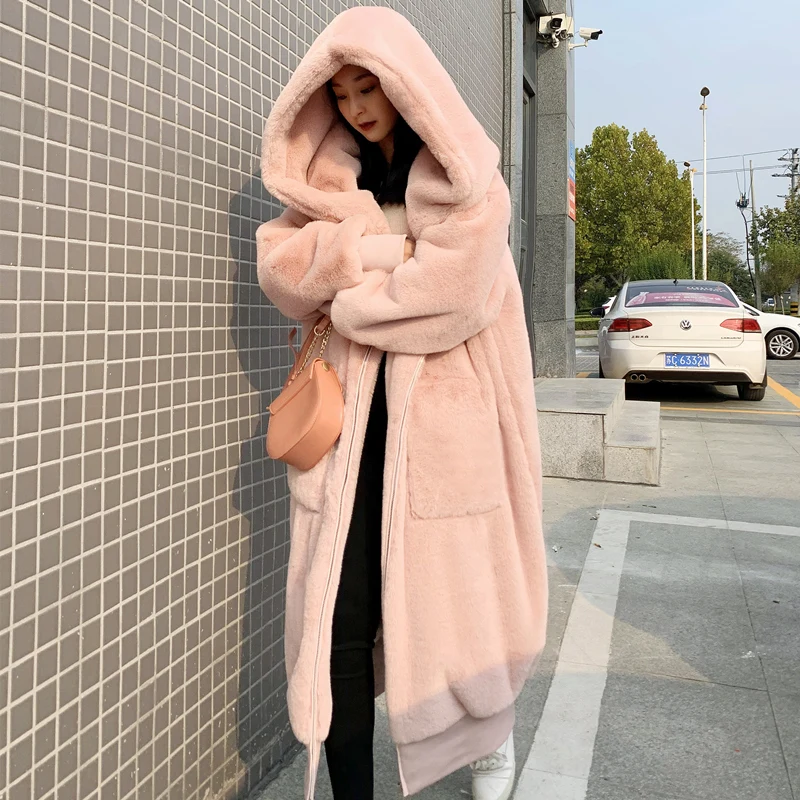 2020 Gray Coat Women's Autumn Winter New Rex Rabbit Fur Thickened Outwear Long Zipper Long Sleeve Hooded Fur Coat Female E456