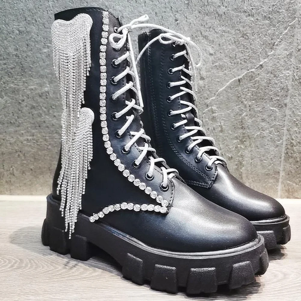 

Womens Round Toe Big BowKnot Rhinestones Crystal Tassels Ankle Boots Platform Chunky Heel Shoes Girls DIY New 2022