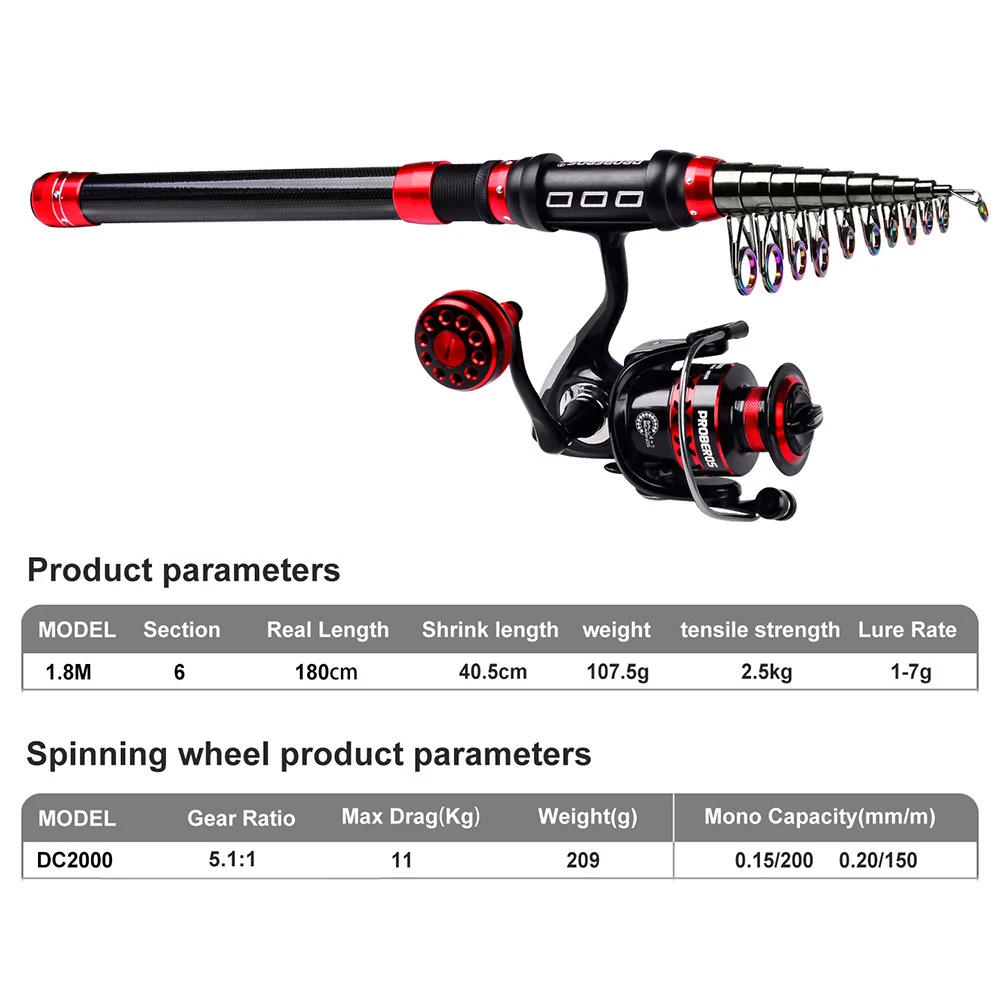 

1 Set Of Fishing Pole Kit Fishing Rod Set 1.8m Telescopic With DC2000 Spinning Reel Line Lure Hook Tackle Bag
