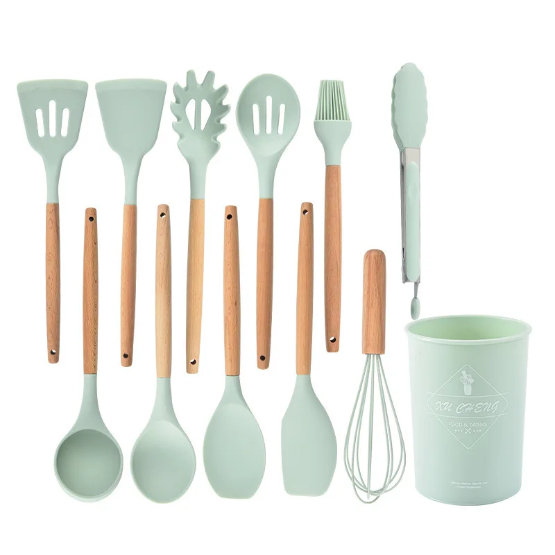 

11pcs Silicone Kitchenware Cooking Utensils Set Non-stick Cookware Spatula Shovel Egg Beaters Wooden Handle Kitchen Tool Set