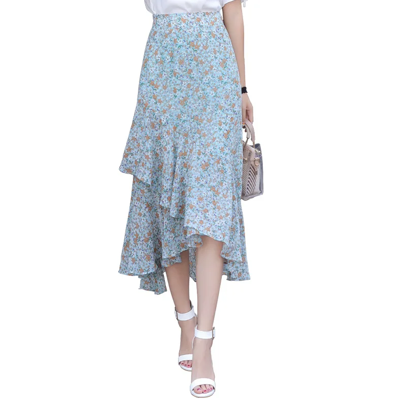 

Summer Women Chiffon Skirts Female Vintage Floral Bohemian Asymmetrical Ruffles Mid-Calf Skirts 7Z