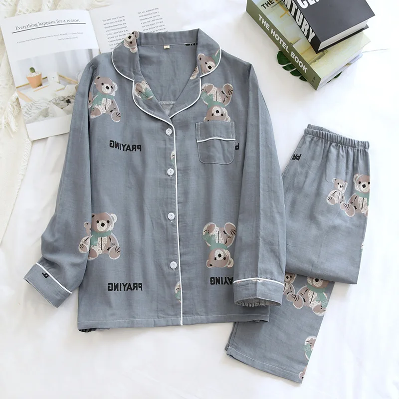 

Spring/autumn Couples Pajamas Set Pure Cotton Gauze Thin Summer Men/women Long Sleeves Sleepwear Set Cartoon Bear Loose Homewear