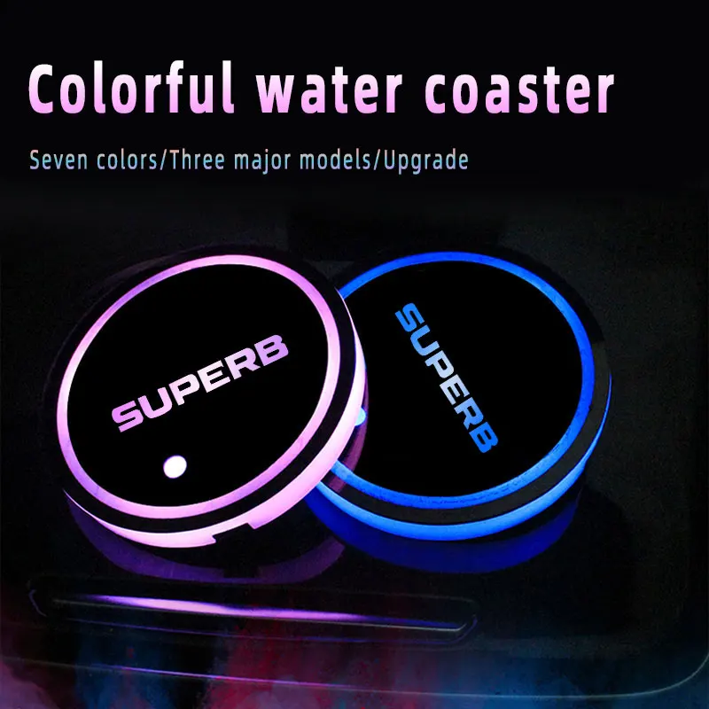 

Car Logo Led Atmosphere Light 7 Colorful Cup Luminous Coaster Holder For Skoda SuperB 2014-2017 2018-2021 Accessories