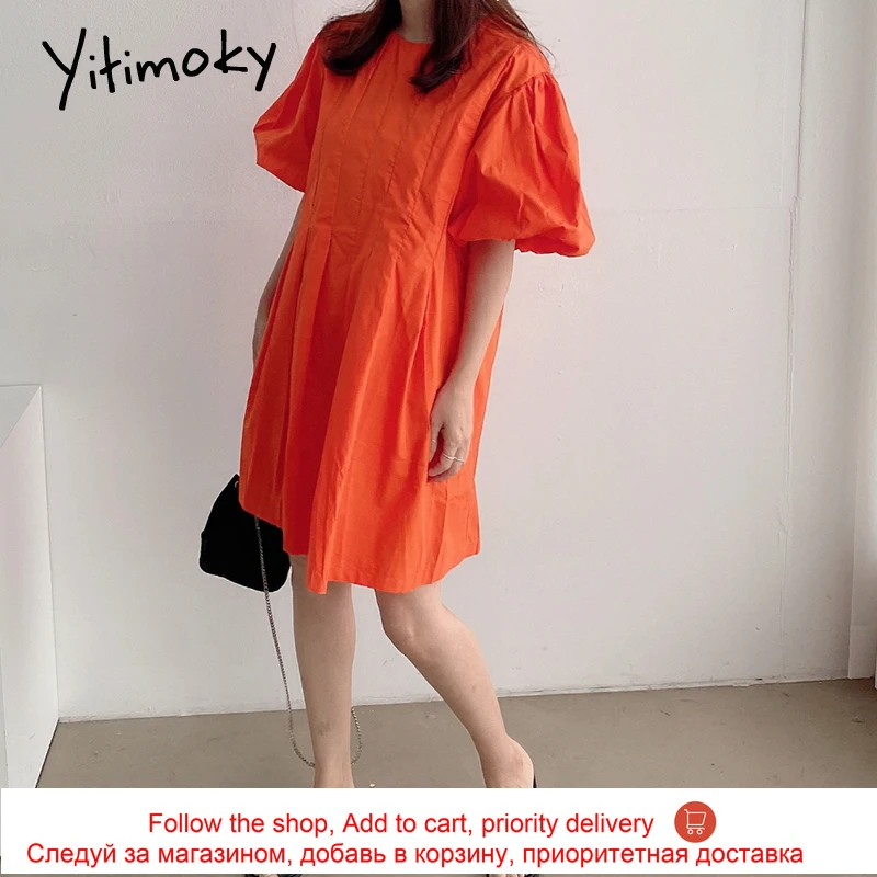 

Yitimoky Vintage Puff Sleeve Summer Dresses Women O-Neck 2021 Korean New Ruched Loose Waist Zipper Solid Holiday Mini Dress