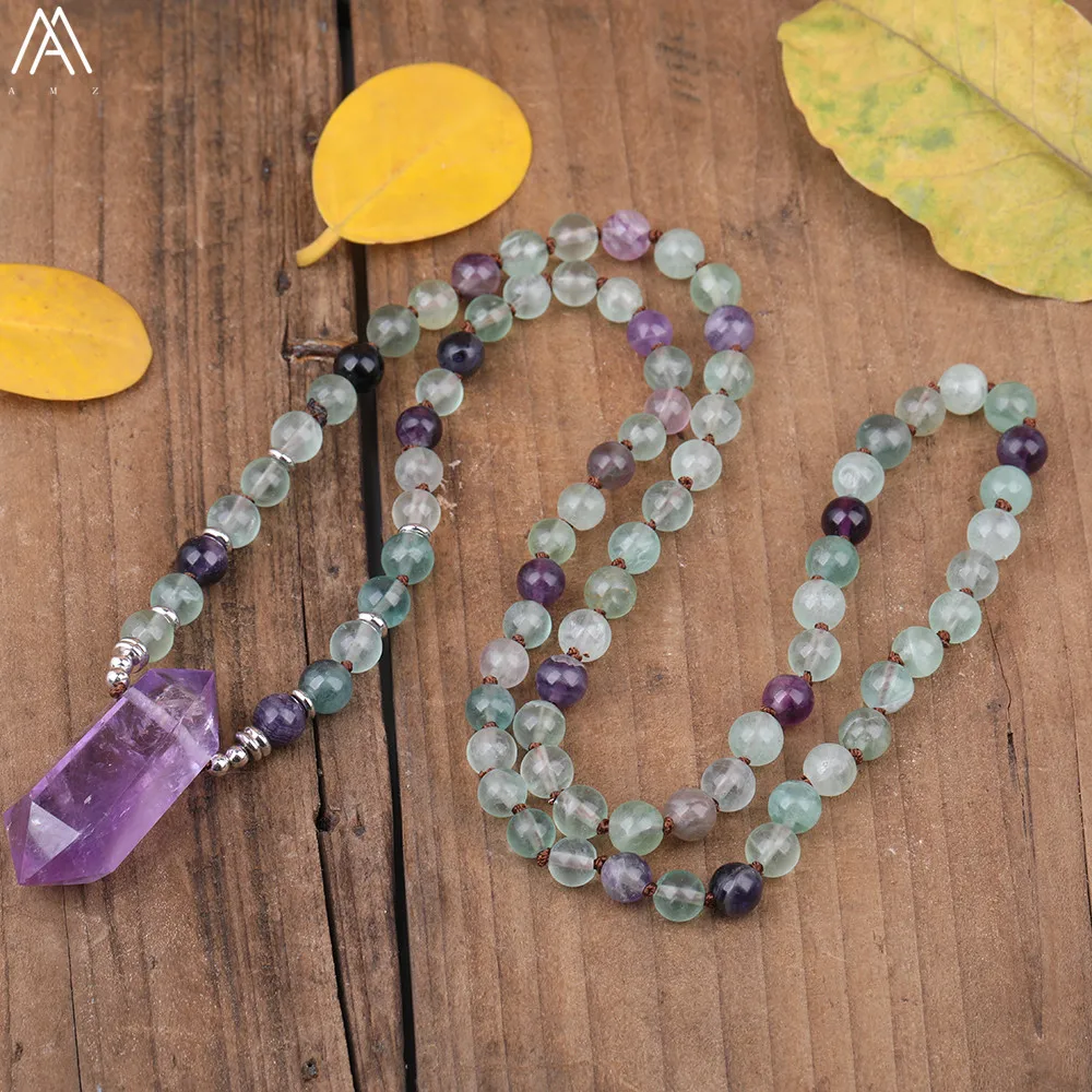 108 Mala Beads натуральный Радужный флюорит камень ожерелье для йоги аметист