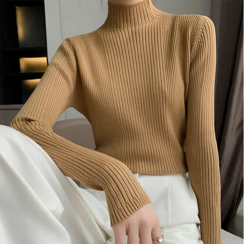 

Half High Neck Sweater Women's Strip Is Thin And Versatile. Fashion Solid Color Autumn And Winter New Knitted Top