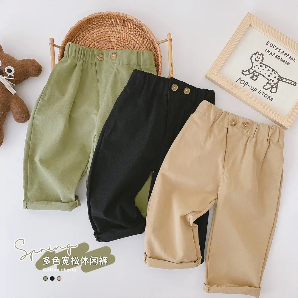 

Children Pure Color Denim Pants 2021 New Spring Kids Solid Color Casual Pants Girls Loose Cotton Trousers Baby Big PP Pants