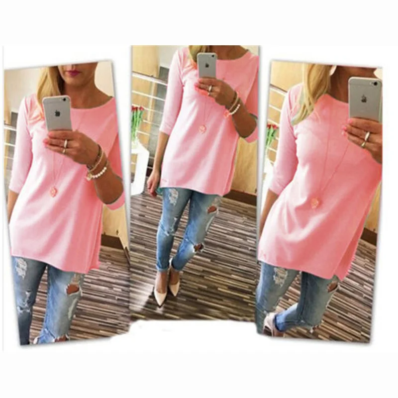 M& DE футболка для женщин рукав три четверти однотонная с круглым вырезом camisa feminina лето осень футболка женская poleras mujer de moda