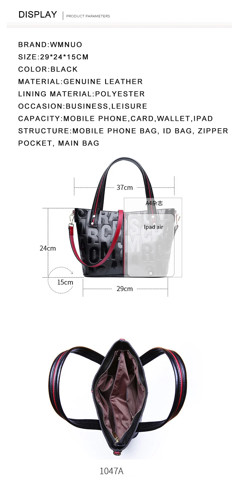 Wmnuo Brand Bag Women's Tote Genuine Leather Handbag For Women Cow Personality Letter Embossing Ladies Shoulder Bag Two Style