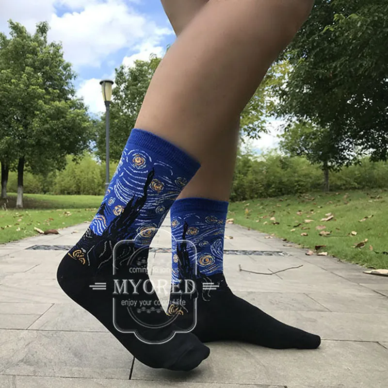 MYORED 1 pair Dropshipping men women socks cotton starry night art world famous oil painting socks unisex funny novelty socks