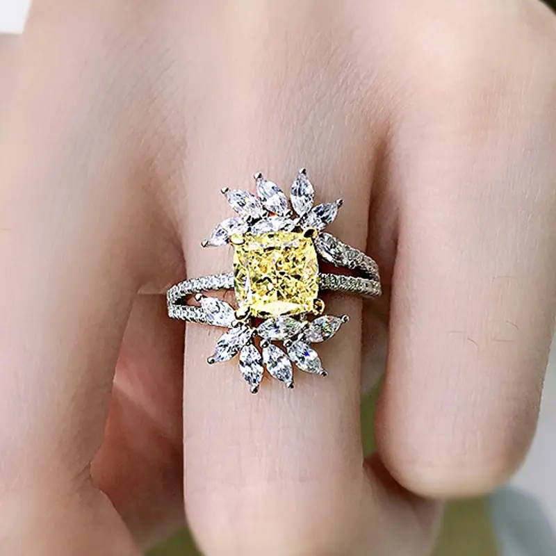 

Jazaz 100% 925 Sterling Silver 1 Carat Square Yellow High Carbon Diamond Flower Wedding Ring Women Party Fine Jewelry Gift B0876
