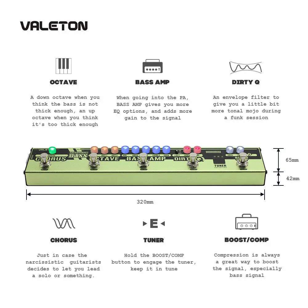 Бас-гитара Valeton Dapper мульти-эффекты полоски на педали 6 в 1 тюнер хор октавер