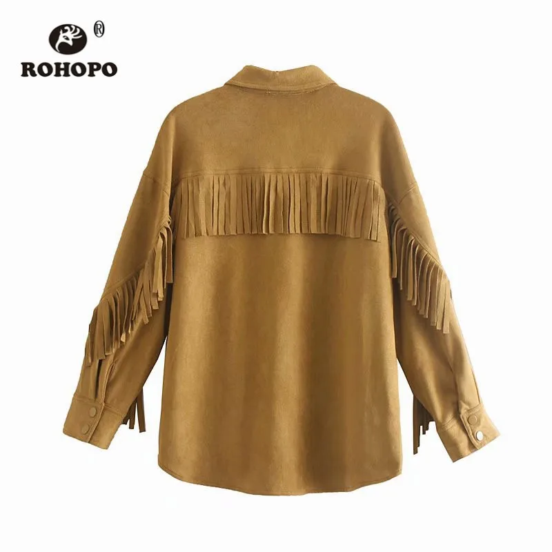 ROHOPO/однотонная замшевая кремовая блузка с кисточками на спине и рукавах осенние