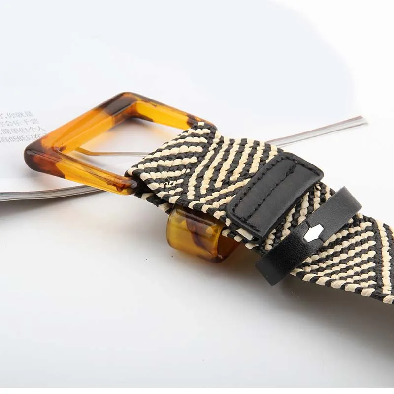

Round Square Wooden Buckle Dress Belt For Women Female Braided Wide Strap Female Pin Buckle Woven Girls Elastic PP Straw Belt