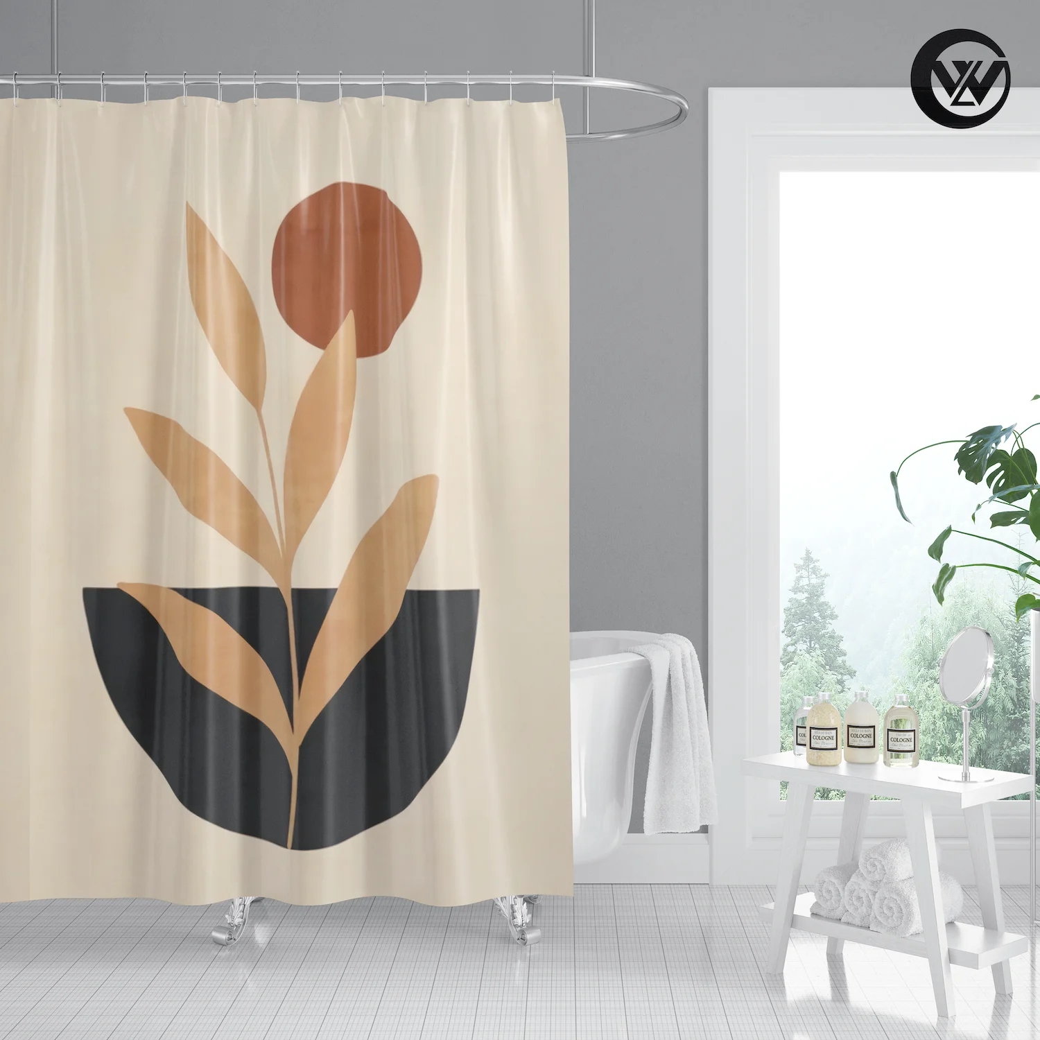 Mildew Resistant Printed Geometric Leaves Pattern Kids Bathroom Bathtub Curtains, Fashion Cartoon Home Decor Bath Shower Curtain