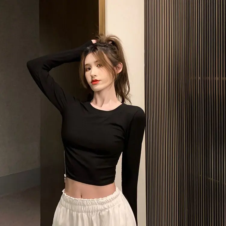 

Cotton short long sleeve top women's 2021 autumn new open navel T-shirt sexy high waist white base shirt