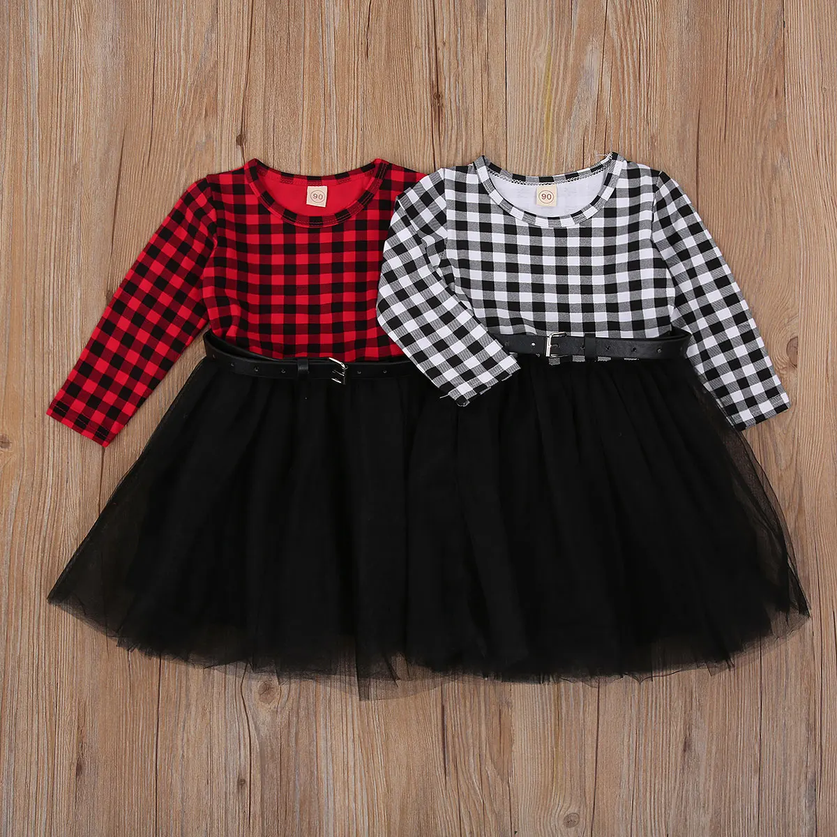 

Infant Kids Baby Girls Suit Check Mesh Ruffle Dress Red Black White Plaid Long Sleeve One Piece Fluffy Skirt With Belt 1-5Years