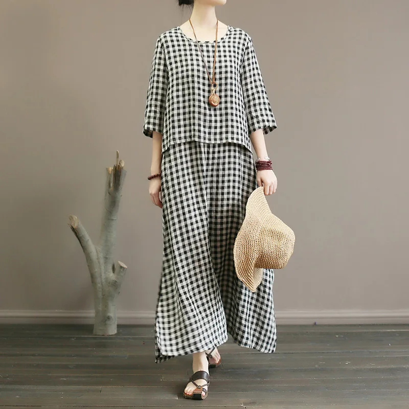 

Retro literature and art fake two plaid dresses in spring and summer, loose sleeves, long linen skirts over knees, hemp skirts