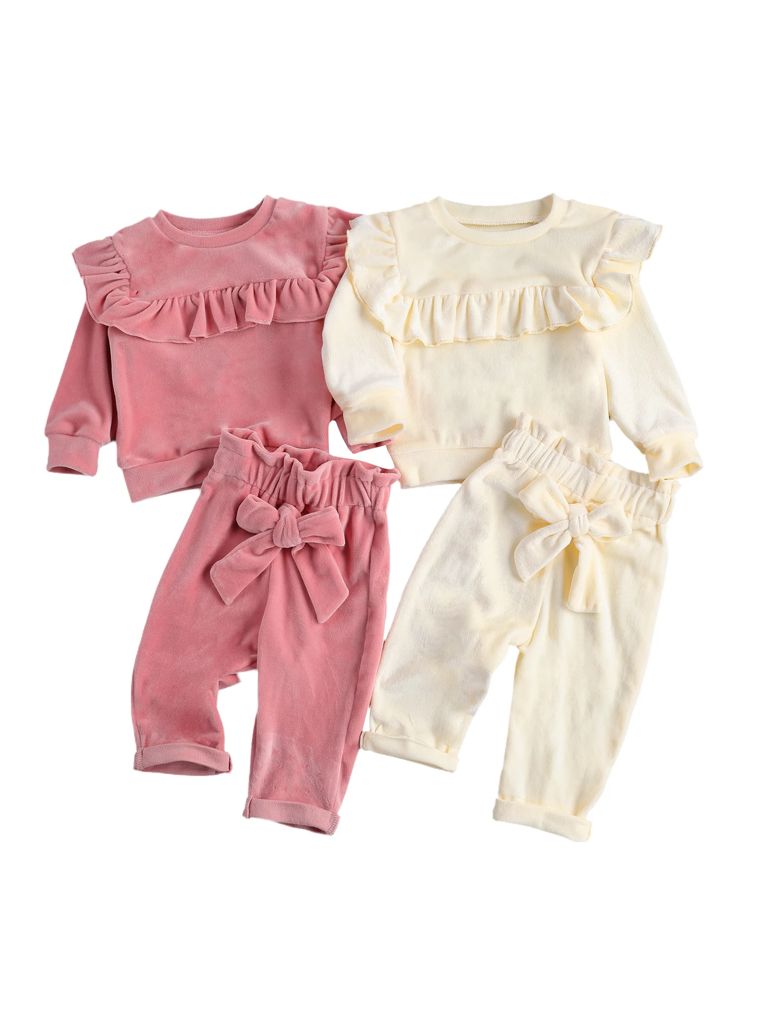 

Для новорожденных, для маленьких девочек, гладкая бархатный костюм 2-Pcs однотонные Цвет комплекты с длинными рукавами и круглым вырезом отде...